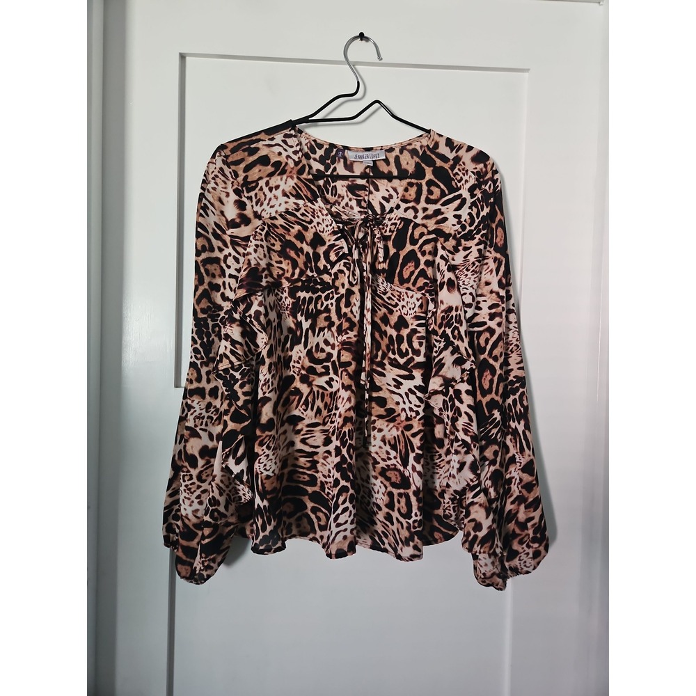 JLO Jennifer Lopez Animal Print Boho Top Ruffle Sleeve Lace Up V-Neck L